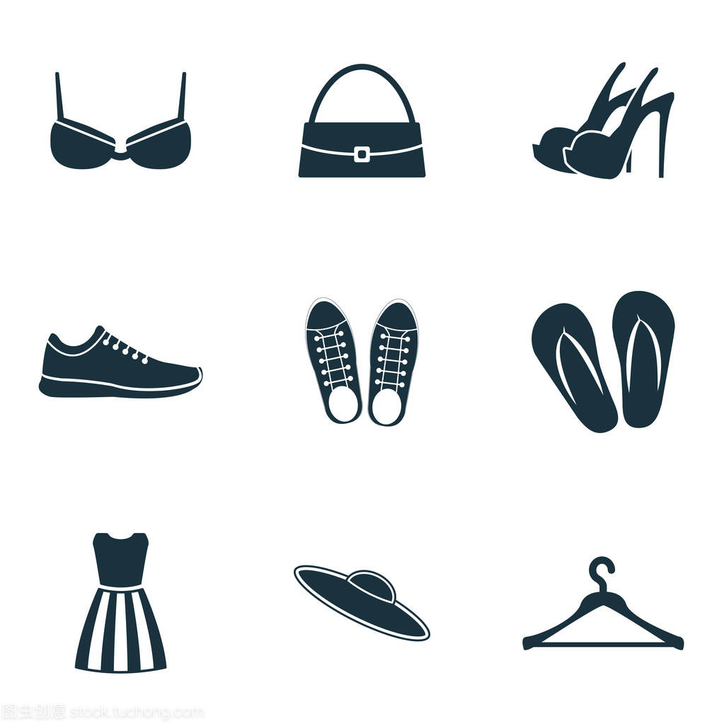 衣服图标设置。运动鞋图标, 女包图标, 高鞋跟鞋图标等。优质的符号收集。服装图标设置简单元素